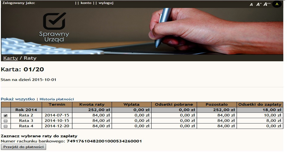 Podgląd widoku aplikacji ze strony enaleznosci.czgekologiczni.pl umożliwiającej elektroniczne rozliczenia z Biurem Celowego Związku Gmin "Eko-Logiczni"