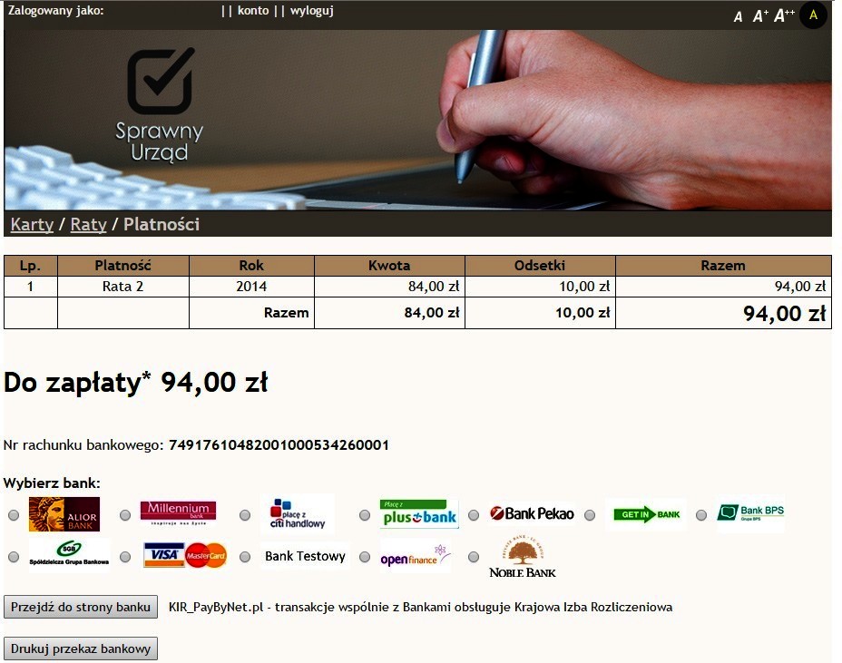 Podgląd widoku aplikacji ze strony enaleznosci.czgekologiczni.pl umożliwiającej elektroniczne rozliczenia z Biurem Celowego Związku Gmin "Eko-Logiczni"